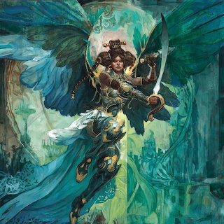 Winged female warrior angel in ornate armor holding a curved sword in a teal fantasy scene