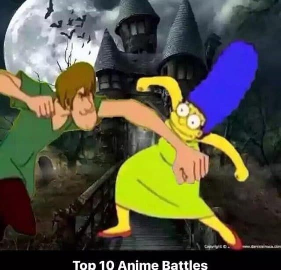 Marge Simpson in yellow dress fighting with another character in front of haunted mansion with full moon