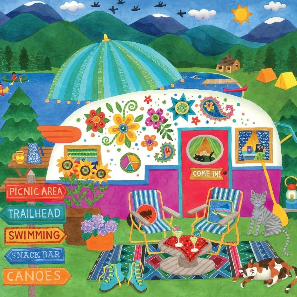Colorful illustrated camper trailer at a mountain campsite with chairs, flowers, signs, and a dog