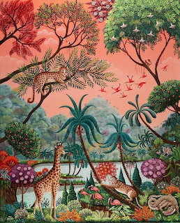 Colorful fantasy forest with giant mushrooms, palm trees, and vibrant flora in coral and teal tones