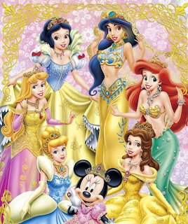 Six Disney princesses in colorful ball gowns posed together with ornate gold frame