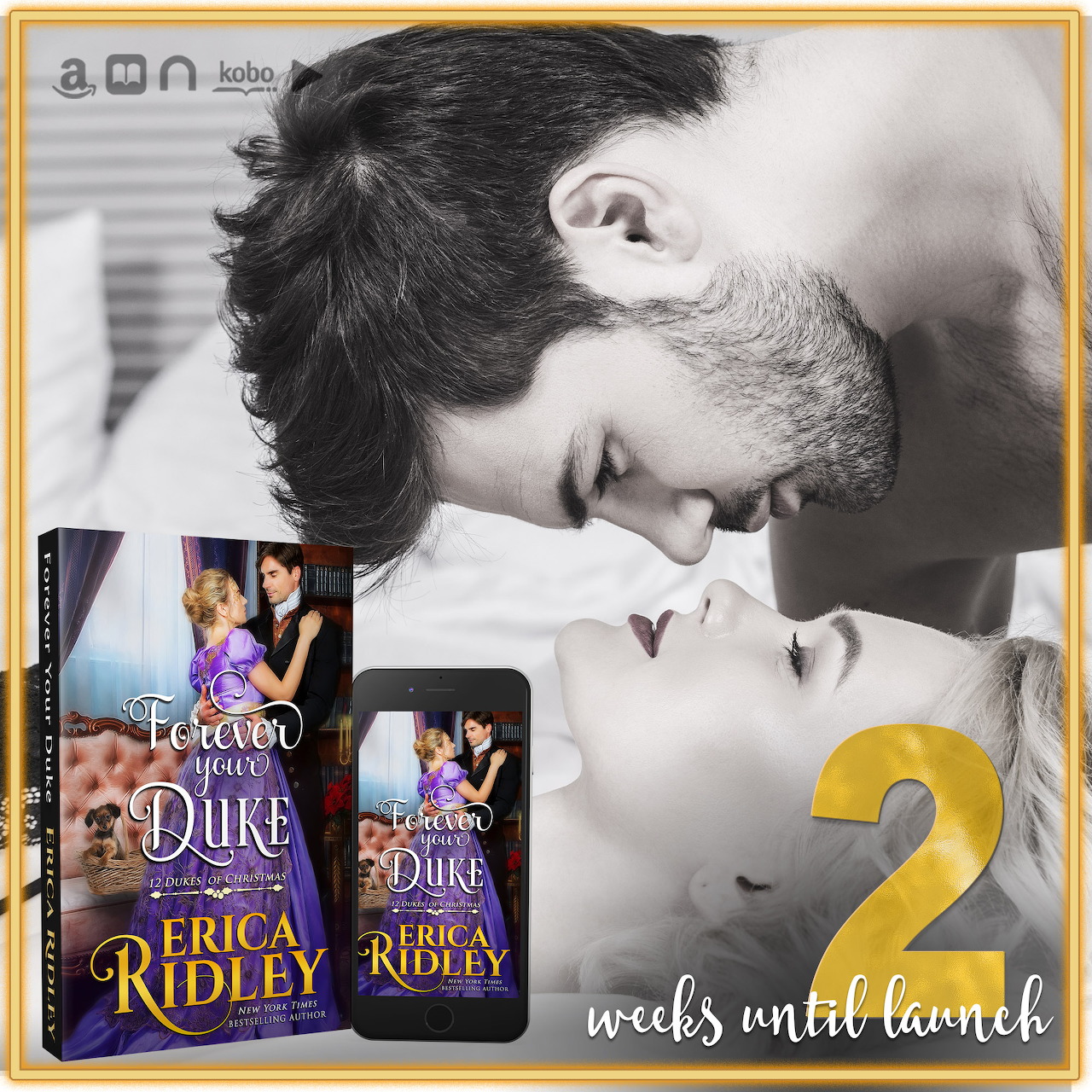 Black and white photo of couple nearly kissing with romance book covers showing duke and lady characters