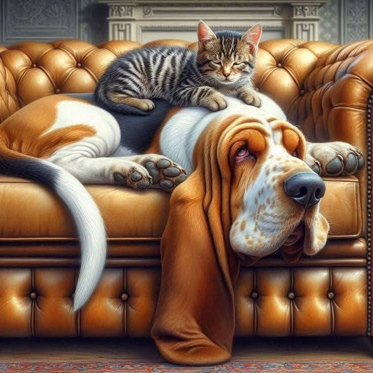 Tabby cat sitting on leather sofa back with basset hound lying on seat cushion in elegant room