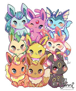 Cute chibi-style illustration of all nine Eeveelution Pokemon characters grouped together with large eyes and pastel colors