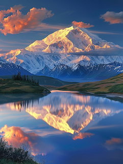 Snow-covered Denali mountain reflected in still lake at sunset with orange clouds and forest