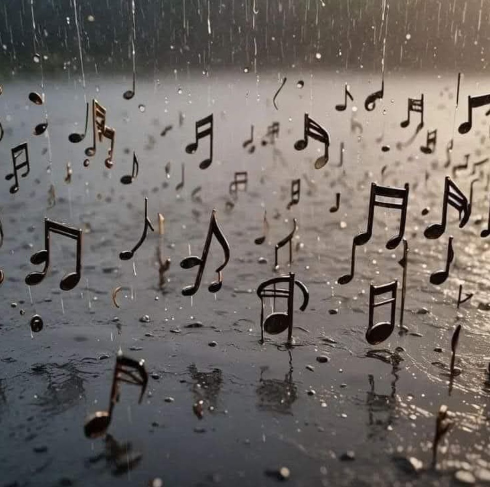 Musical notes on rain-covered glass with water droplets creating an artistic composition