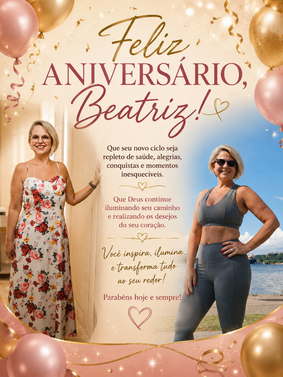 Two smiling women posing with pink balloons and a happy birthday message for Beatriz