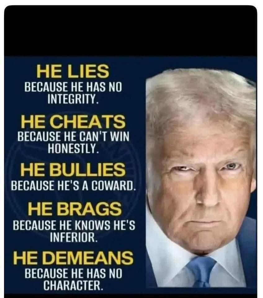 Poster with Donald Trump portrait next to bold critical text on a dark blue background