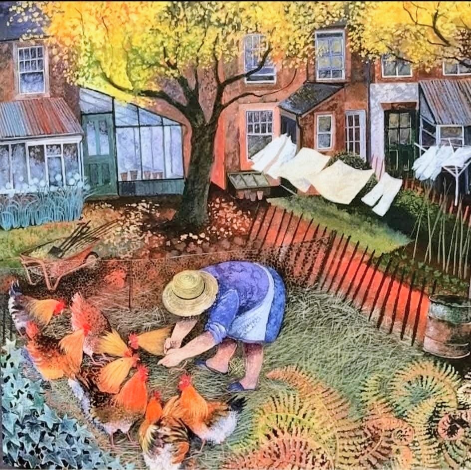 Woman in blue dress and hat feeding chickens in whimsical painted garden with colorful buildings