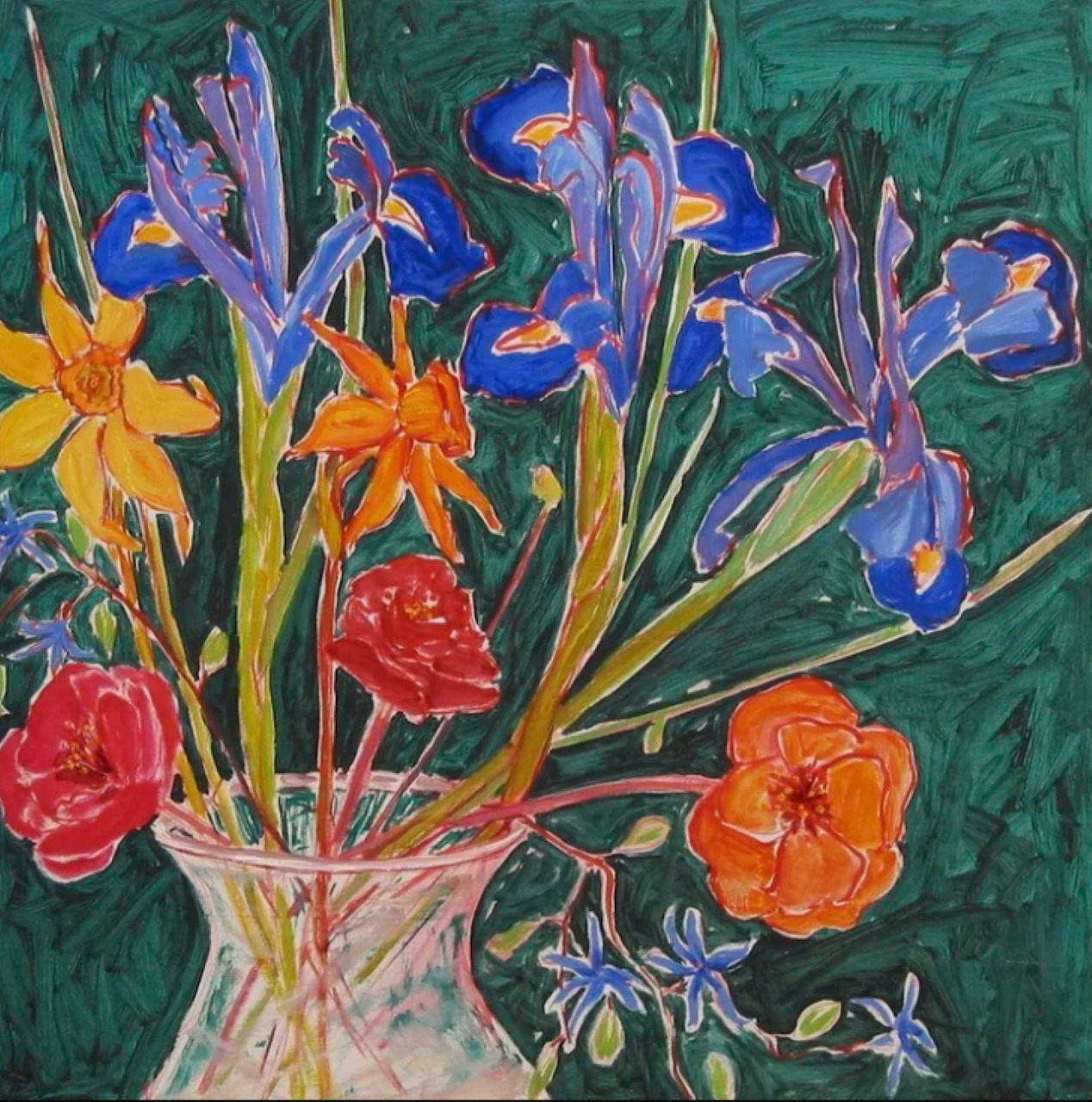 Colorful painting of purple irises and orange flowers in a vase with green background