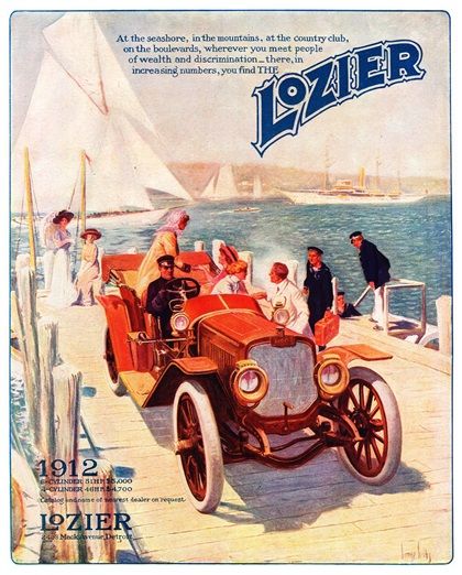 1912 Lozier vintage car advertisement with red automobile on a marina dock and elegantly dressed passengers