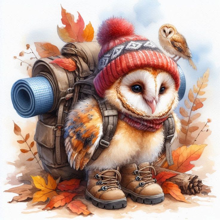 Watercolor illustration of a barn owl in hiking gear with backpack surrounded by colorful autumn leaves