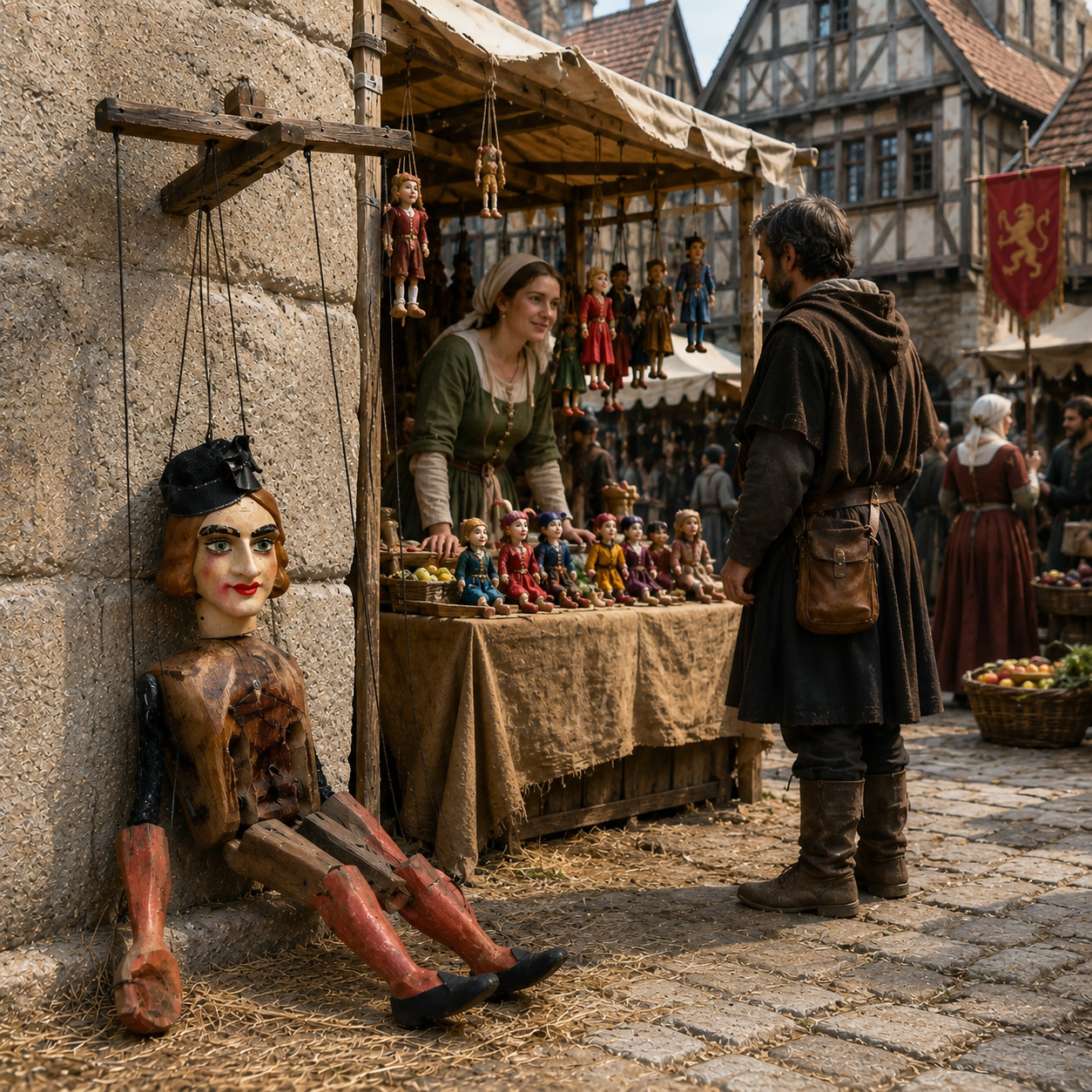 Large wooden puppet beside a medieval market stall with dolls and townspeople
