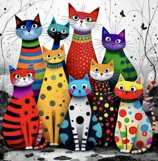 Eleven stylized cats in bright colors with various patterns like stripes, polka dots, and geometric shapes