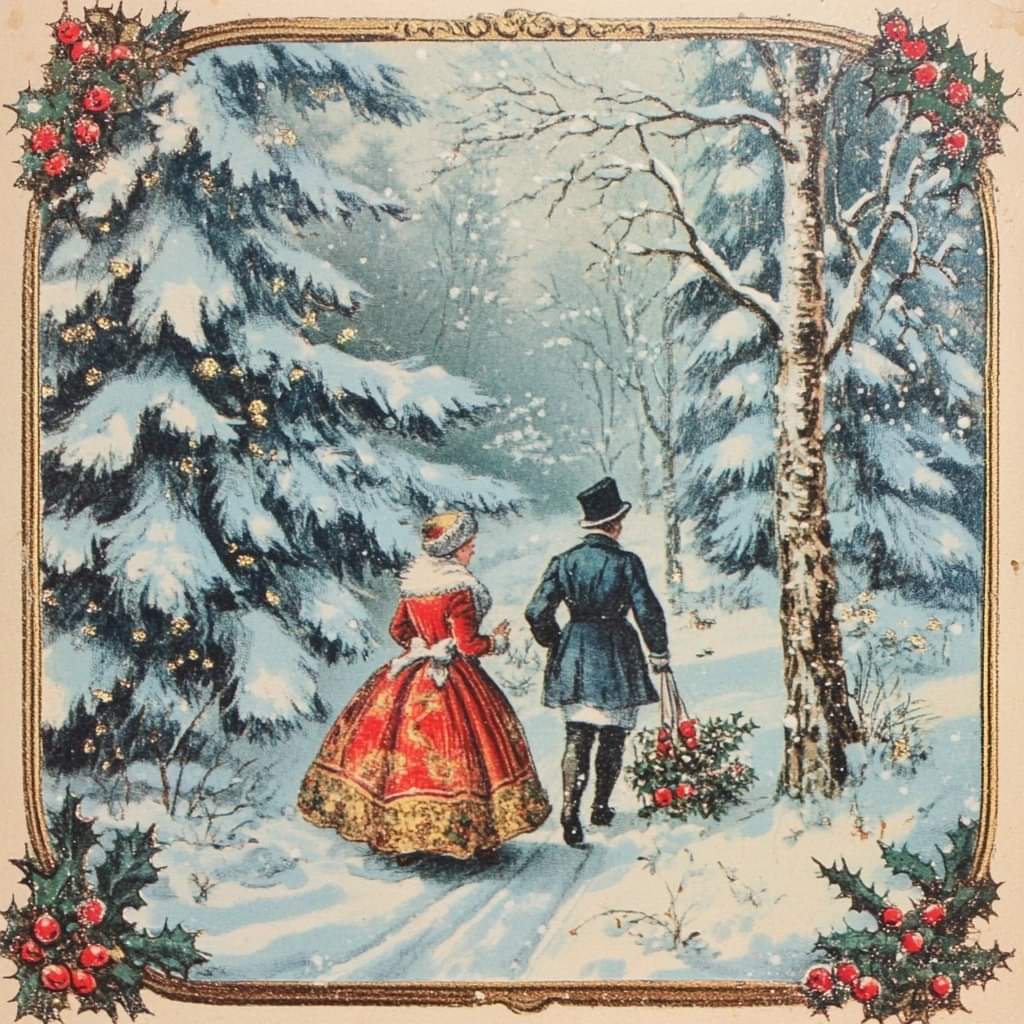Victorian man and woman in formal attire walking on snowy path through winter forest with decorative holiday border