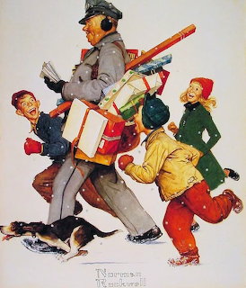 Norman Rockwell painting of postman with children and dog chasing after him for mail delivery