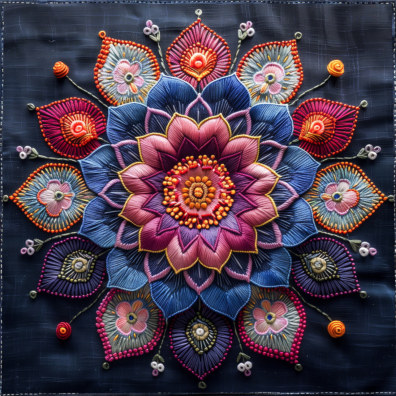 Colorful embroidered mandala with lotus flower center and symmetrical geometric patterns on dark fabric