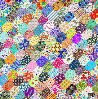 Colorful patchwork quilt collage with varied patterns including florals, geometrics, dots, and abstract designs