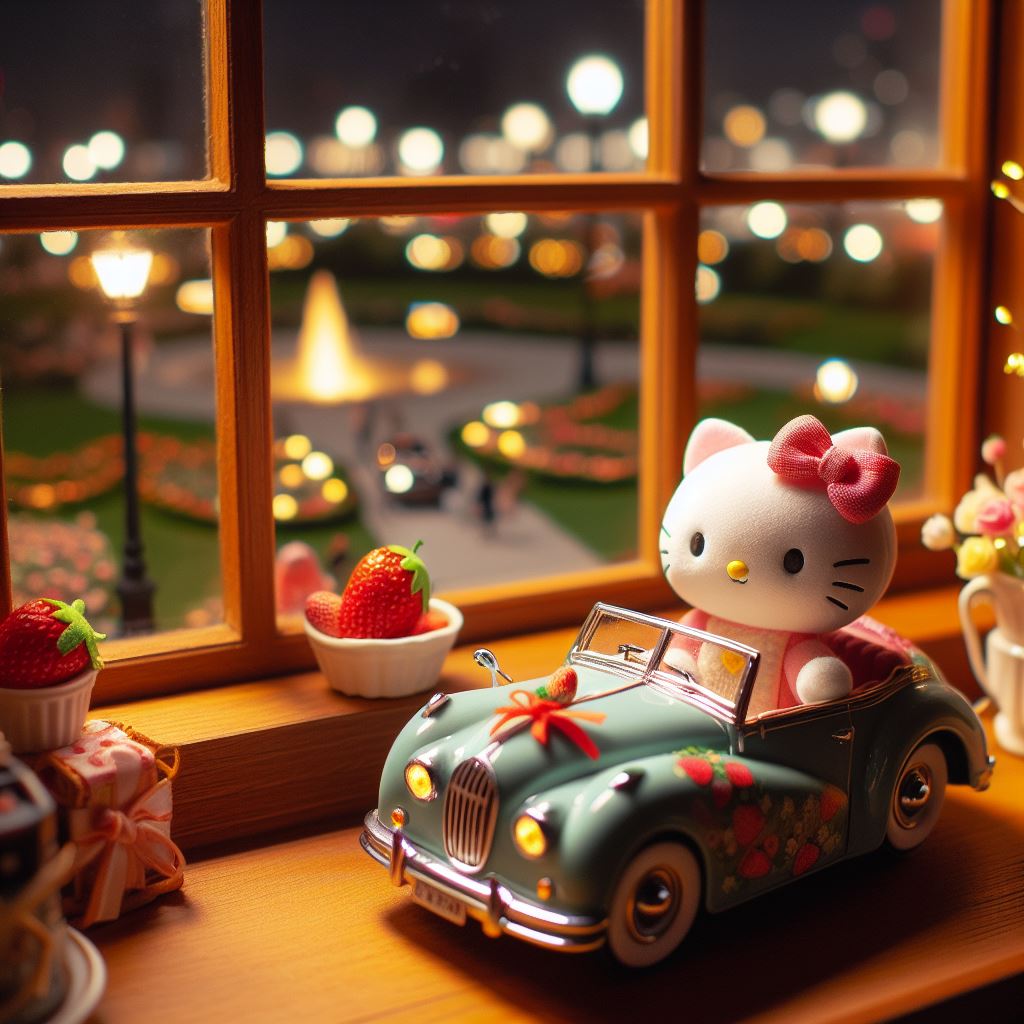 Hello Kity figurine in a miniature classic car on a windowsill with blurred city lights behind