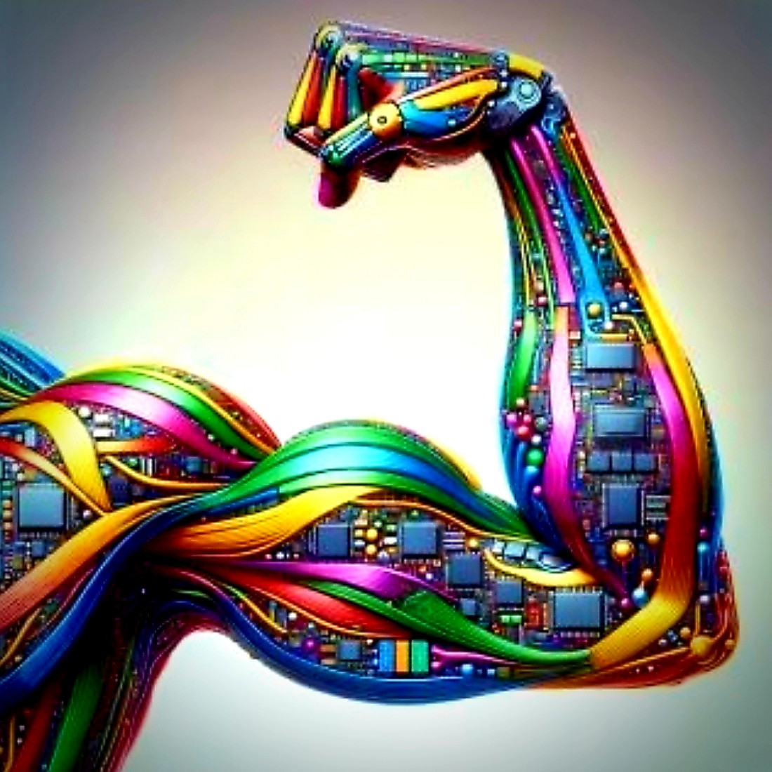 Rainbow circuit board arm flexing in bodybuilder pose against gradient background