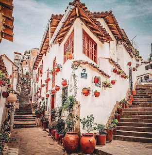 White colonial house in a narrow Peruvian alley with stairs and red flower pots