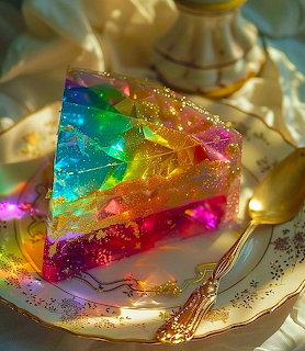 Holographic rainbow cake slice on an ornate plate with a gold fork