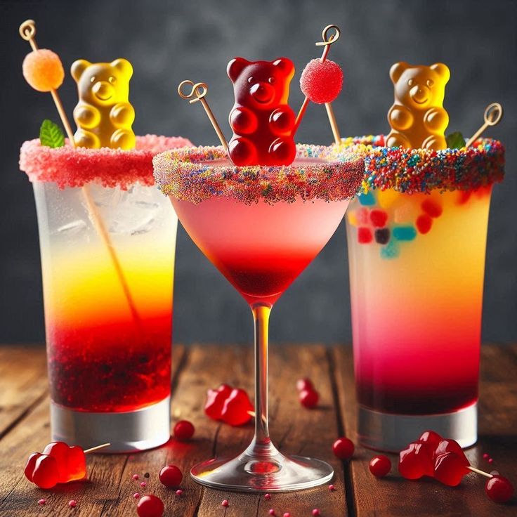 Three vibrant layered cocktails with gummy bear garnishes on sugared rims