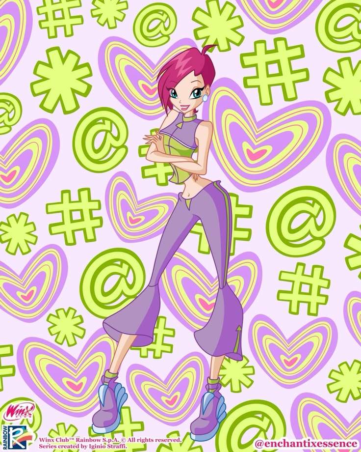 Cartoon girl Tecna in a purple outfit on a colorful patterned background