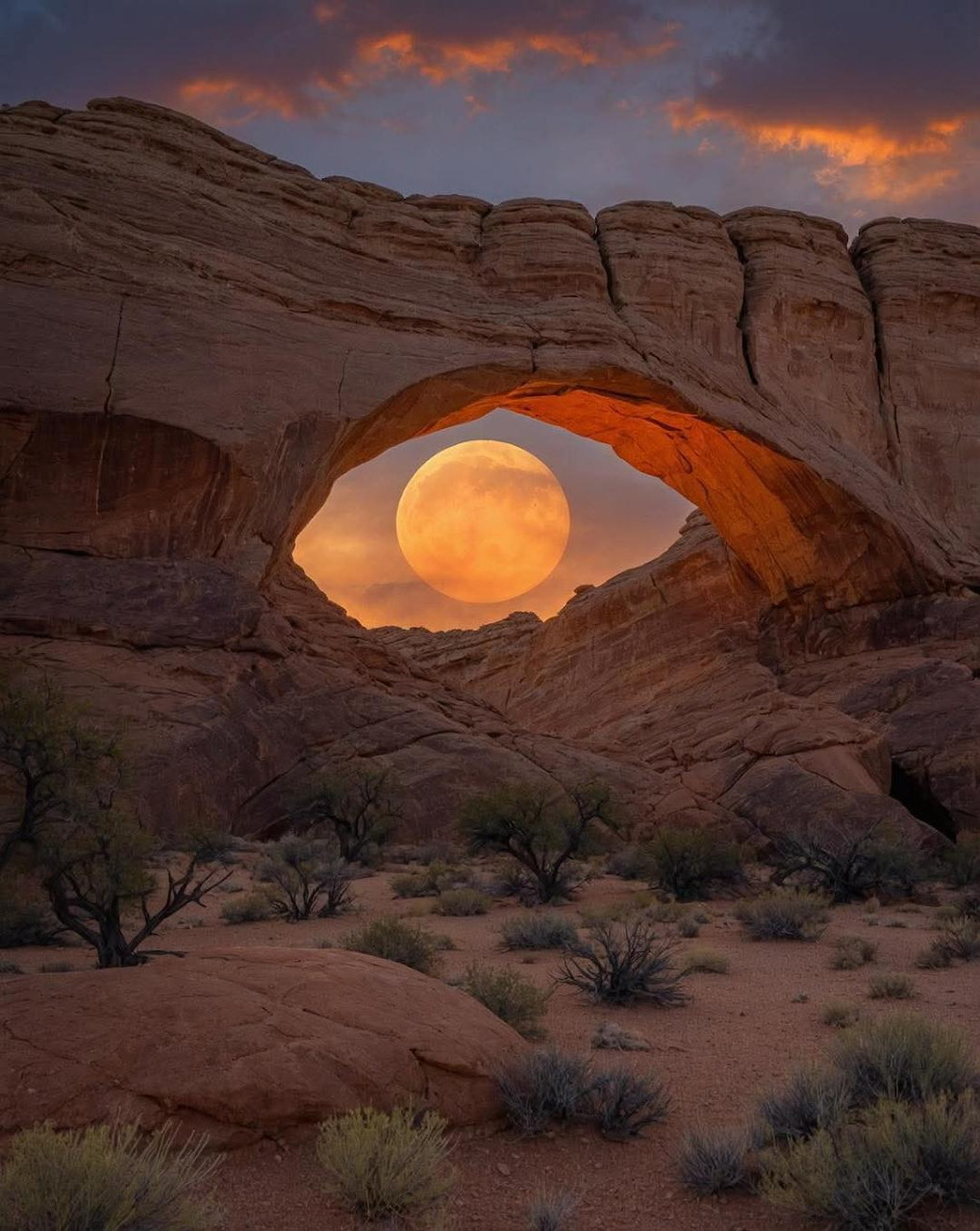 Full moon framed by a natural sandstone arch in a desert at dusk with colorful clouds