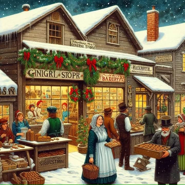 Victorian-era Christmas market scene with shoppers at snow-covered general store decorated with wreaths and garlands