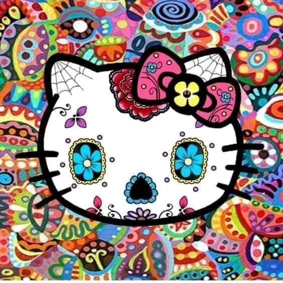 Hello Kitty character decorated as Day of the Dead sugar skull with floral patterns and turquoise gemstones