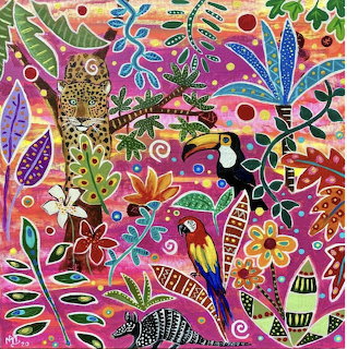 Colorful tropical jungle scene with leopard, toucan, parrot, and decorative floral patterns on magenta background