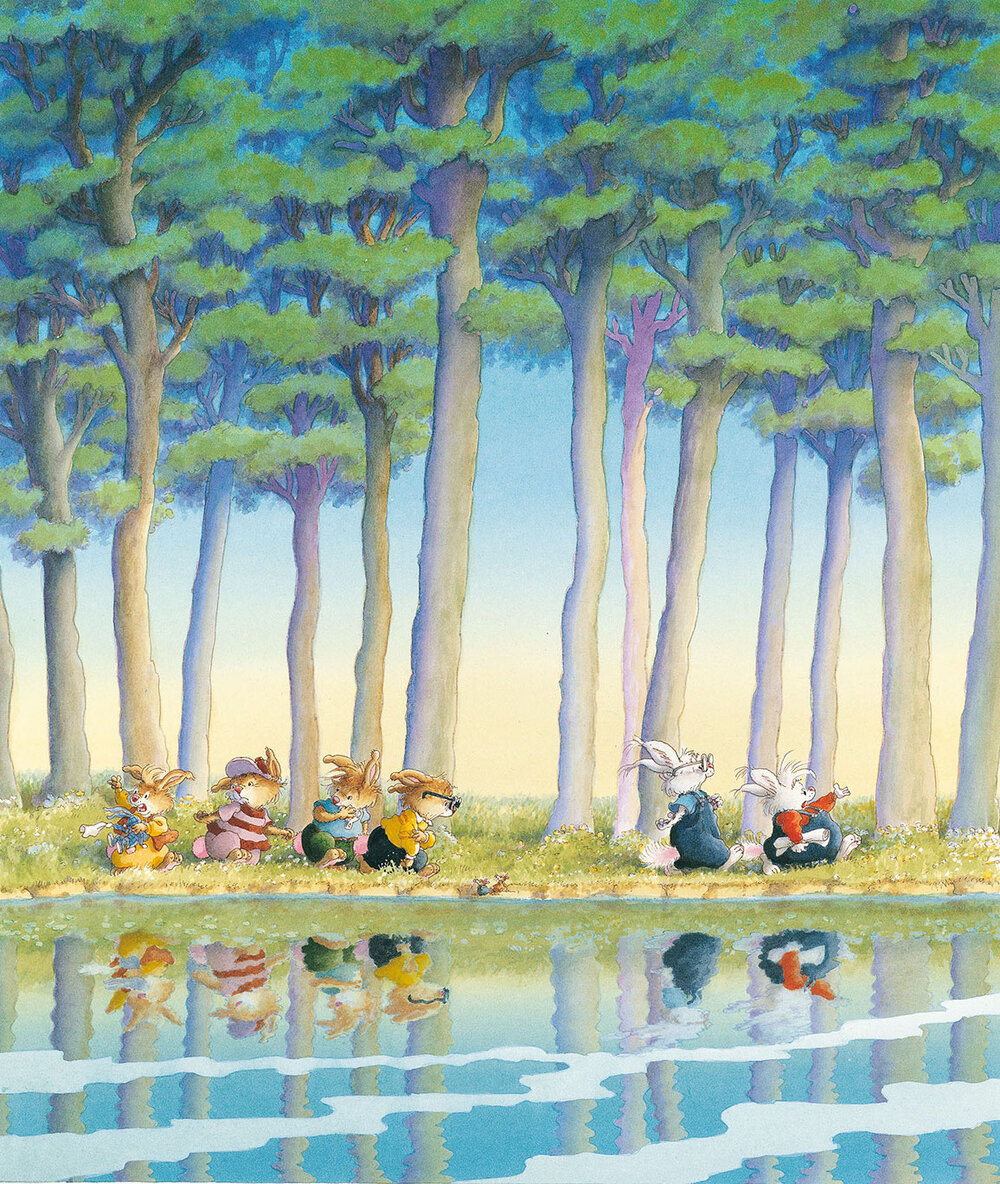 Illustration of rabbits beside a reflective pond in a pine forest