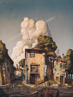 Illustrated Mediterranean village with old buildings, tall trees, and large cumulus clouds in the sky