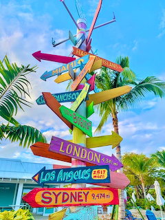 Colorful wooden signpost with city names standing among palm trees under a blue sky