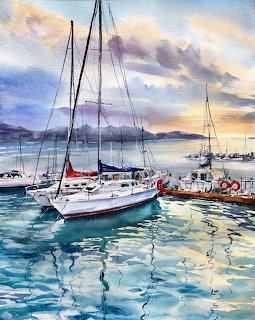 Watercolor painting of sailboats docked in a harbor with sunset sky and water reflections