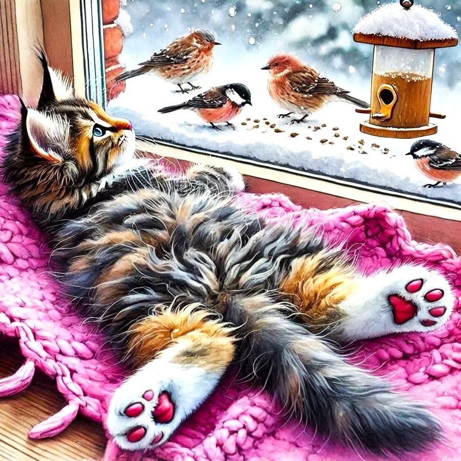 Tabby kitten on pink blanket watching birds through snowy window with feeder
