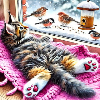 Cat Watching Birds at Snowy Window
