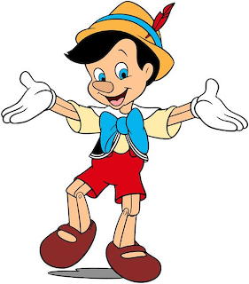 Pinocchio cartoon character with yellow hat and red shorts, arms outstretched in welcoming gesture