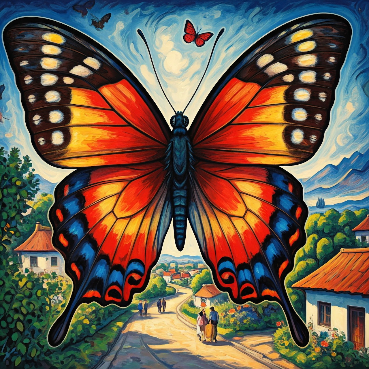 Large orange and black butterfly above a village road with houses and hills