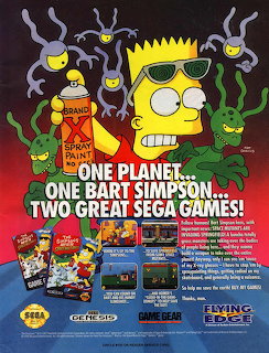 Bart Simpson cartoon character with sunglasses surrounded by purple and green alien creatures on retro video game ad
