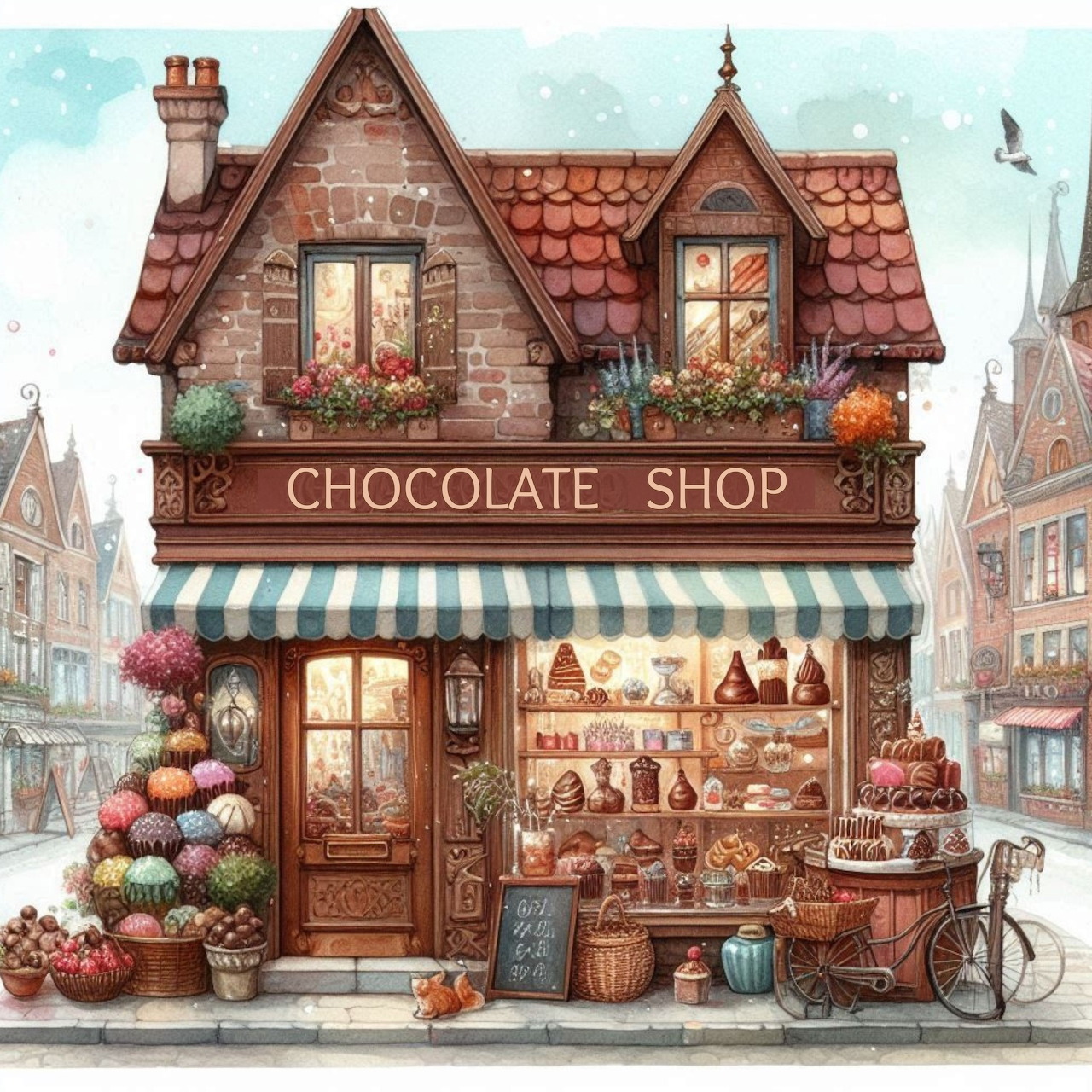 Illustration of a charming chocolate shop storefront in a snowy village with sweets and a bicycle