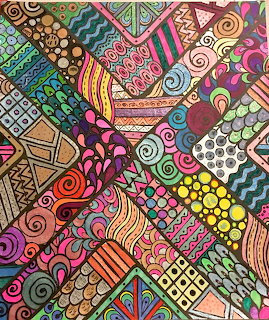 Colorful abstract patterned illustration with swirls, stripes, dots, and geometric doodles
