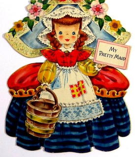 Vintage illustration of a girl in a bonnet and layered dress holding a bucket, labeled My Pretty Maid