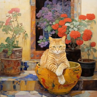 Painting of an orange tabby cat in a yellow bowl beside potted flowers