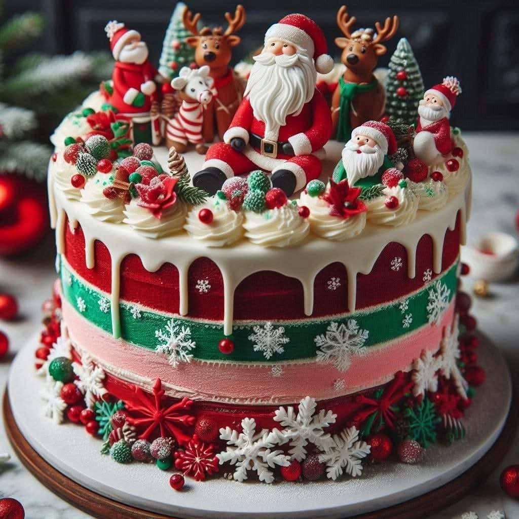 Multi-tier Christmas cake with Santa, reindeer figurines, snowflakes, and red and green holiday decorations