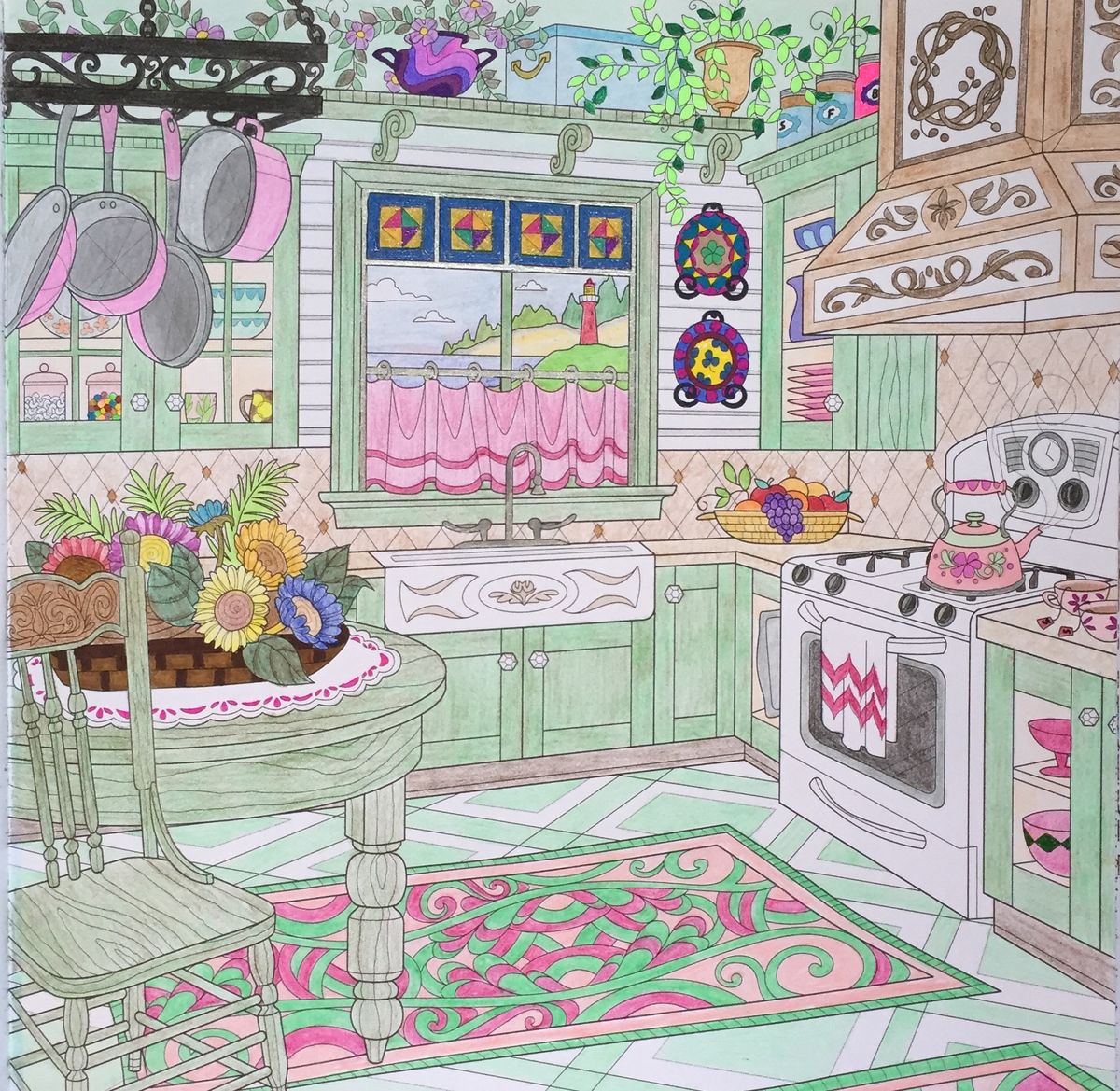 Illustrated pastel kitchen with mint cabinets, pink curtains, hanging pots, flowers and vintage stove