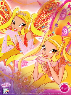 Two versions of fairy character Stella from Winx Club with blonde hair, magical wings and sparkly transformation outfits