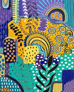 Colorful abstract collage with geometric patterns, circles, dots, and leaf shapes in yellow, purple, and teal