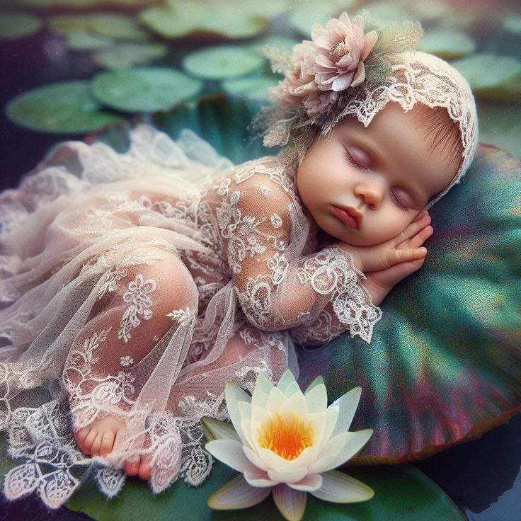 Sleeping Baby on Lily Pads